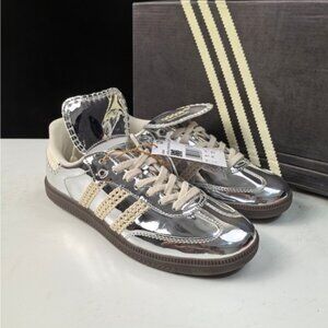 adidas White and Green Striped Sneakers